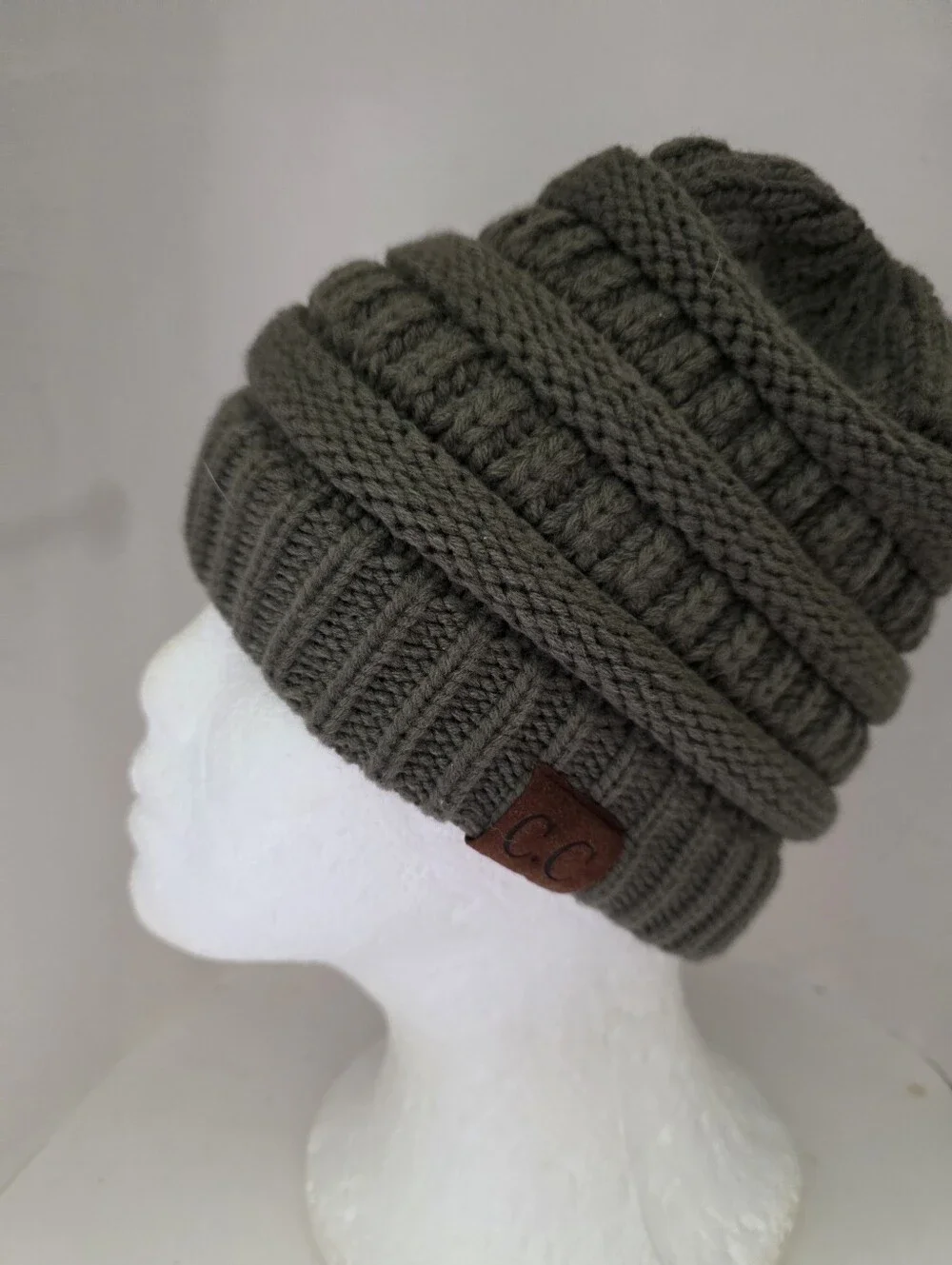 CC Ponytail Beanie Hat Cable Knit High Messy Bun Warm Winter Girls Olive Green